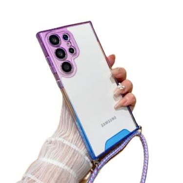 Imagem de Para Samsung S23 S22 Ultra com alça de pescoço Capa de telefone transparente para Samsung Galaxy S23 Ultra S22 Crossbody Cord Rope Cover, roxo azul, para S23 Plus