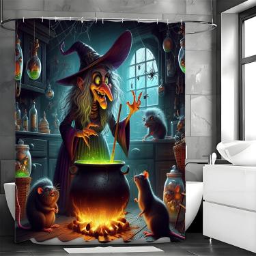 Imagem de Conjunto de cortinas de chuveiro Witch and Potion Halloween com tapetes