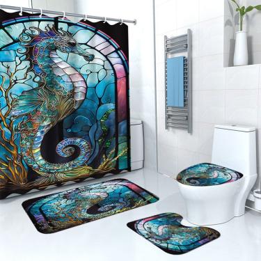 Imagem de Conjunto de cortinas de chuveiro Stained Glass Seahorse Bathroom Decor