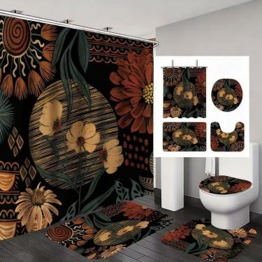 Imagem de Conjunto de cortinas de chuveiro Boho Floral Waterproof com tapetes