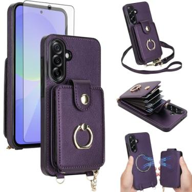 Imagem de Capa de telefone para Samsung Galaxy A36 5G capa carteira destacável e protetor de tela anel suporte alça transversal cordão compatível com bloqueio MagSafe RFID A 36 36A LTE para mulheres homens roxo