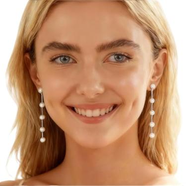 Imagem de Brincos de pérola para mulheres, brincos longos de prata delicados, brincos pendentes de ouro para casamento nupcial, acessórios de formatura de pérola branca como presente de aniversário, Natal