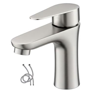 Imagem de Torneira de banheiro de níquel escovado, torneira moderna de pia de banheiro de aço inoxidável para 1 furo, torneiras de lavatório RV torneira misturadora de lavatório com linhas de abastecimento de