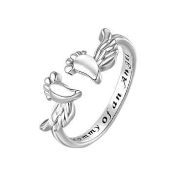 Imagem de HUASAI Anel de mãe com asas de anjo para mulheres Mommy of an Angel ajustável, delicado, simples, amor, melhor mãe, presente de filha e filho, Large, Latão, Sem pedra preciosa