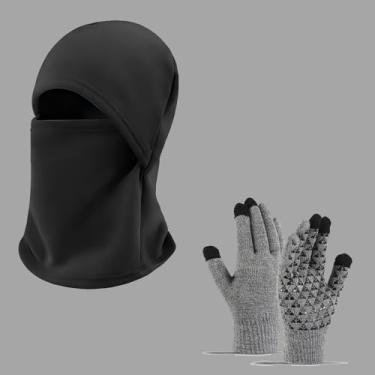 Imagem de Luvas de tela sensível ao toque, luvas de ciclismo de inverno quentes de malha + boné quente, polaina de pescoço à prova de vento, Preto + cinza claro, tamanho �nico