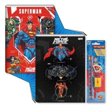 Imagem de Caderno Brochurão Liga da Justiça Menino Superman Batman Flash Metal Force + KIT Escolar (Vermelho e Preto)