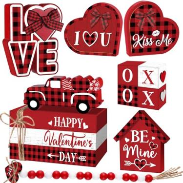 Imagem de Vercraft 15 peças Dia dos Namorados Decoração de Bandeja em Camadas Vintage Amor Coração Placa de Madeira Decorações de Mesa Dia dos Namorados Xadrez Be Mine Bloco de Casa Sinais Dia dos Namorados