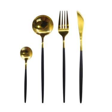 Imagem de Jogo de Talheres Monocromático Inox Dourado (4 Peças) – Design Coreano e Europeu para Mesa Posta Moderna I Faca, Garfo, Colher de Sobremesa, Colher (Preto com Dourado)