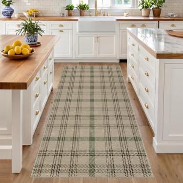 Imagem de Tapete de cozinha lavável de 7 x 15 cm, antiderrapante, lavável - tapete de entrada grande, decoração de casa de fazenda antiderrapante para quarto, cama, lavanderia, juta, bege e sálvia
