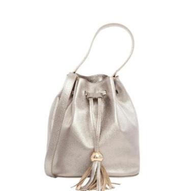 Imagem de Bolsa Bucket Feminina de Couro Legítimo Prata com Alça Tiracolo Ajustável Leopoldine-Feminino