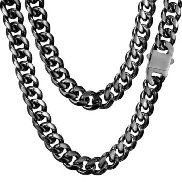 Imagem de Colar Miami Cubano para homens e mulheres banhado a ouro prata preto aço inoxidável corrente 5 mm/7 mm/8 mm/9 mm/12 mm/14 mm largura 18 a 76.2 cm fecho seguro hip hop joias presentes para homens