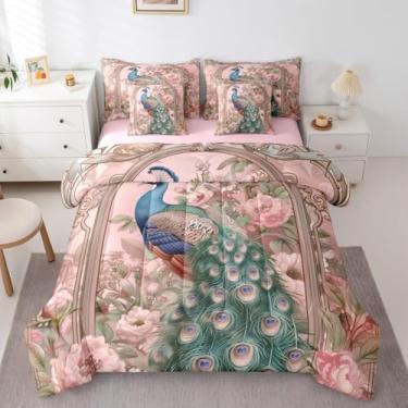 Imagem de Erosebridal Jogo de cama solteiro com estampa de pavão rosa, estampa floral, estampa de pavão rosa, flores românticas, vida selvagem, lençol de cima e lençol com elástico rústico e botânico