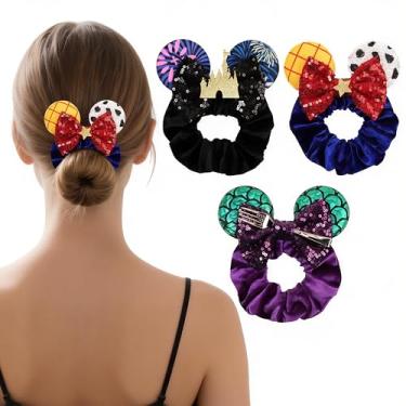 Imagem de Bianbaistar Pacote com 3 elásticos temáticos de veludo para orelha de rato - laços de cabelo com detalhes de lantejoulas, suportes elásticos de rabo de cavalo para mulheres e adultos, acessórios de