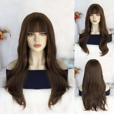 Imagem de Touca de cabelo + peruca marrom longa solta natural ondulada cosplay perucas para mulheres peruca encaracolada franja dividida perucas marrom escuro cabelo de fibra sintética Halloween cosplay festa