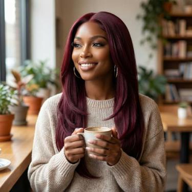 Imagem de Peruca frontal de renda transparente sem cola, cabelo humano, peruca reta ombré de 61 cm de comprimento, pré-arrancada para mulheres, vinho