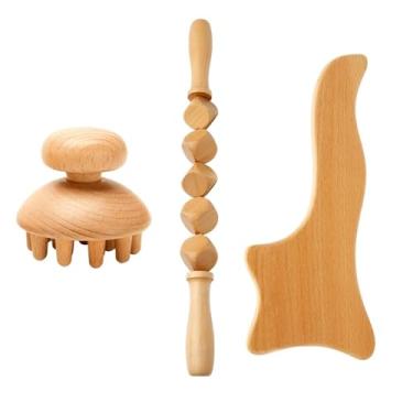 Imagem de Ferramentas de massagem para terapia de madeira anticelulite, rolo massageador de madeira, copo Gua Sha, kit de drenagem linfática (estilo h)