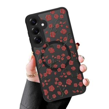 Imagem de MZELQ Capa magnética para Samsung Galaxy S25, vermelho ameixa bossom floral [compatível com carregamento Magsafe] Capa de proteção para câmera translúcida fosca rígida à prova de choque para mulheres