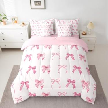 Imagem de Feelyou Conjunto de edredom com laço rosa para meninas, 7 peças, solteiro, desenho animado com laço, para crianças, adolescentes, estilo princesa sonhadora, para decoração de quarto, microfibra leve e