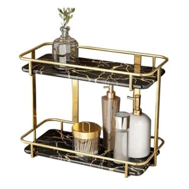 Imagem de KHUTRW3D Rack organizador de banheiro de 2 camadas, organizador de maquiagem de perfume, cômoda de mármore de cerâmica com moldura de aço inoxidável dourado (preto)