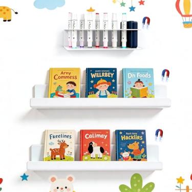 Imagem de Rovarahoom 2 prateleiras magnéticas de livros para quadro branco com suporte de marcador apagável a seco, suporte de estante magnético acrílico de 5,8 kg para sala de aula, escritório, geladeira