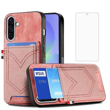 Imagem de Asuwish Capa de telefone para Samsung Galaxy A56 5G Capa magnética fina para celular com protetor de tela de vidro temperado e acessórios de compartimento para cartão de crédito de couro PU jeans A 56