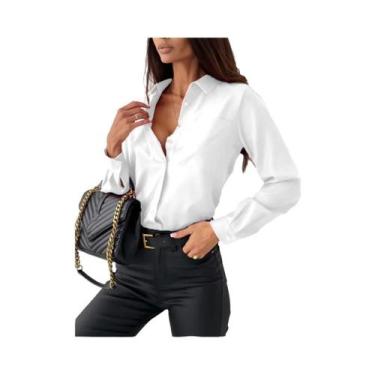 Imagem de Blusa Elegante De Chiffon Feminina Com Decote Em V, Manga Longa, Camis