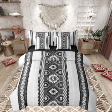 Imagem de Feelyou Conjunto de edredom queen asteca do sudoeste cinza e preto com lençol para crianças, meninos, meninas, tribal ocidental, asteca, nativo americano, 7 peças, boêmio, exótico, decoração de quarto