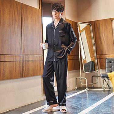 Imagem de HHHJQFAAT Conjunto de pijama masculino de cetim de seda conjunto de pijama pijama conjunto de pijama preto GG (preto X)