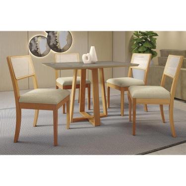 Imagem de Sala Jantar Mesa Elma Premium Madeira Maciça c/ Tampo Madeirado c/ Vidro 120x80cm e 4 C...