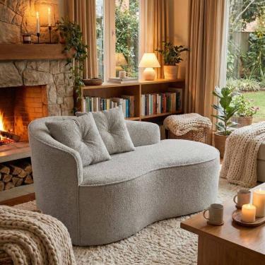 Imagem de Sofá Orgânico Curvo Feijão Confortável Sala Estúdio Amore Bouclê Cinza Claro - Montanari`s Decor