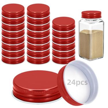 Imagem de 24 tampas de potes de ferro para potes quadrados de 113 g e 170 g reutilizáveis latas herméticas de armazenamento de especiarias para cozinha de vedação agradável (vermelho)