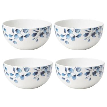 Imagem de Jogo 4 Tigelas Cerâmica Branca Premium Folhagens Azul Beli Collection 550ml