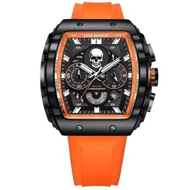 Imagem de Relógio De Quartzo Impermeável Masculino Caveira Esportivo Casual Tonneau Laranja