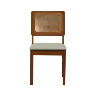 Imagem de Kit 2 Cadeiras Madeira Maciça Lyon Encosto Telinha Amêndoa - Amêndoa Assento Estofado Linho Bege