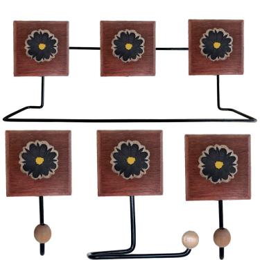 Imagem de Kit Banheiro Com 2 Toalheiros + Porta Papel Higiênico + Toalheiro Rustico Artesanal Flores Coloridas 3d Cor Preto