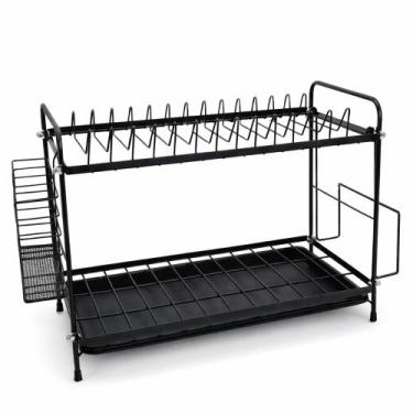 Imagem de Escorredor de Louca Preto Aço Inox Com 2 Andares Porta Talher Bandeja 