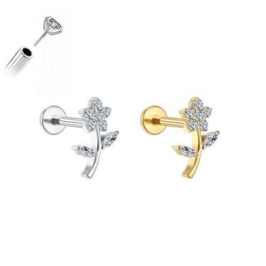 Imagem de Piercing Flor Push Pin S/ Rosca Aço Cirúrgico Ouro PVD Cor:PrateadoTam