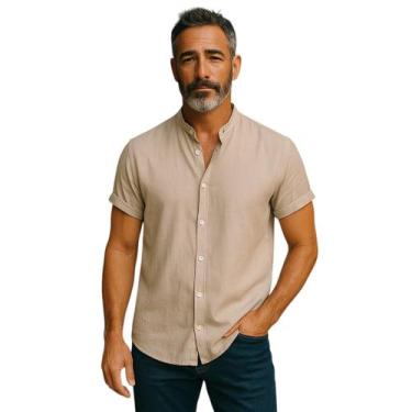 Imagem de Camisa Social Botão Manga Curta Masculina Gola Padre - Volgue, Bege, P