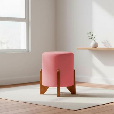 Imagem de Puff Decorativo Eloah Redondo Assento Extra para Sala Quarto Suede  Pufe com Pés de Madeira 