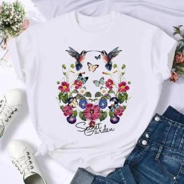Imagem de Camiseta Feminina Verão - Manga Curta com Estampa Floral de Borboleta,