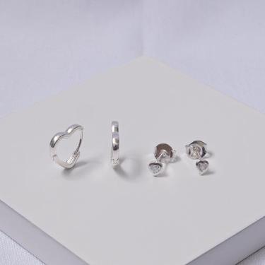 Imagem de Brinco Argola Coração com Zircônia Folheado a Prata - Dupla - Ralifla 