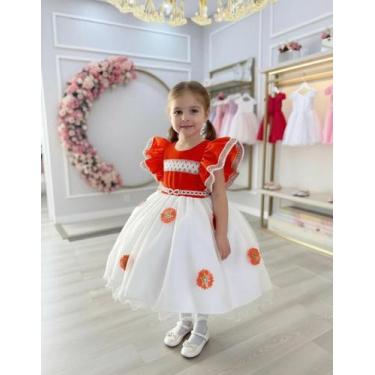 Imagem de Vestido Infantil Moana Laranja C/ Apliques Flores Festas (1322LF) - Ba
