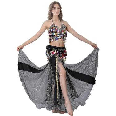 Imagem de Vestido de dança do ventre com lantejoulas e pedras preciosas, conjunto de saia com corrente de cintura feminina, roupa de dança do ventre, roupa de 3 peças, Preto, One Size