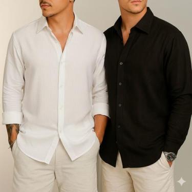 Imagem de Kit 2 Camisa de Linho Manga Longa Masculina Social Confortável Casual 