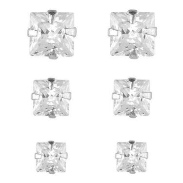 Imagem de Trio Brinco Pedra Zirconia Quadrado Prata 925 3 4 5 Mm - De Castro joi