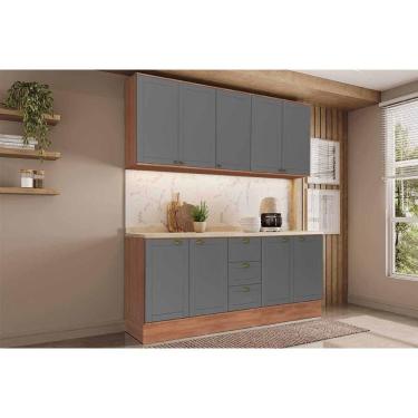 Imagem de Cozinha Completa Bella C4P170 9 Portas 3 Gavetas MDF 200CM Cinza com Nogal Kit 4 Módulos