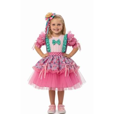 Imagem de Vestido Junino Bambolê Floral Com Tule Laços Rosa