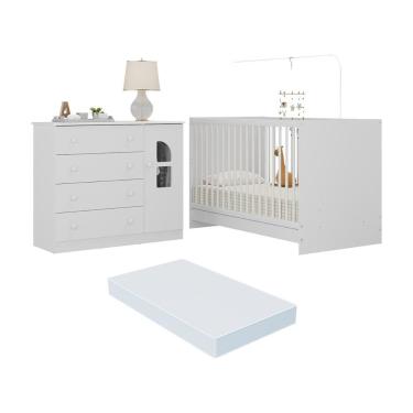 Imagem de Berço 3 Em 1 Com Colchão Incluso E Cômoda 1 Porta 4 Gavetas Amora Multimóveis Mp4767 Branco