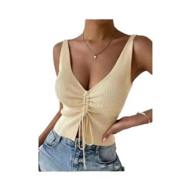 Imagem de Top Cropped Feminino De Verão Com Decote V E Cordão, Sem Mangas, Em Tr