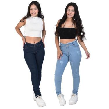 Imagem de Kit 2 Calças Jeans premium feminina Slim Juvenil Meninas Clara Escura 
